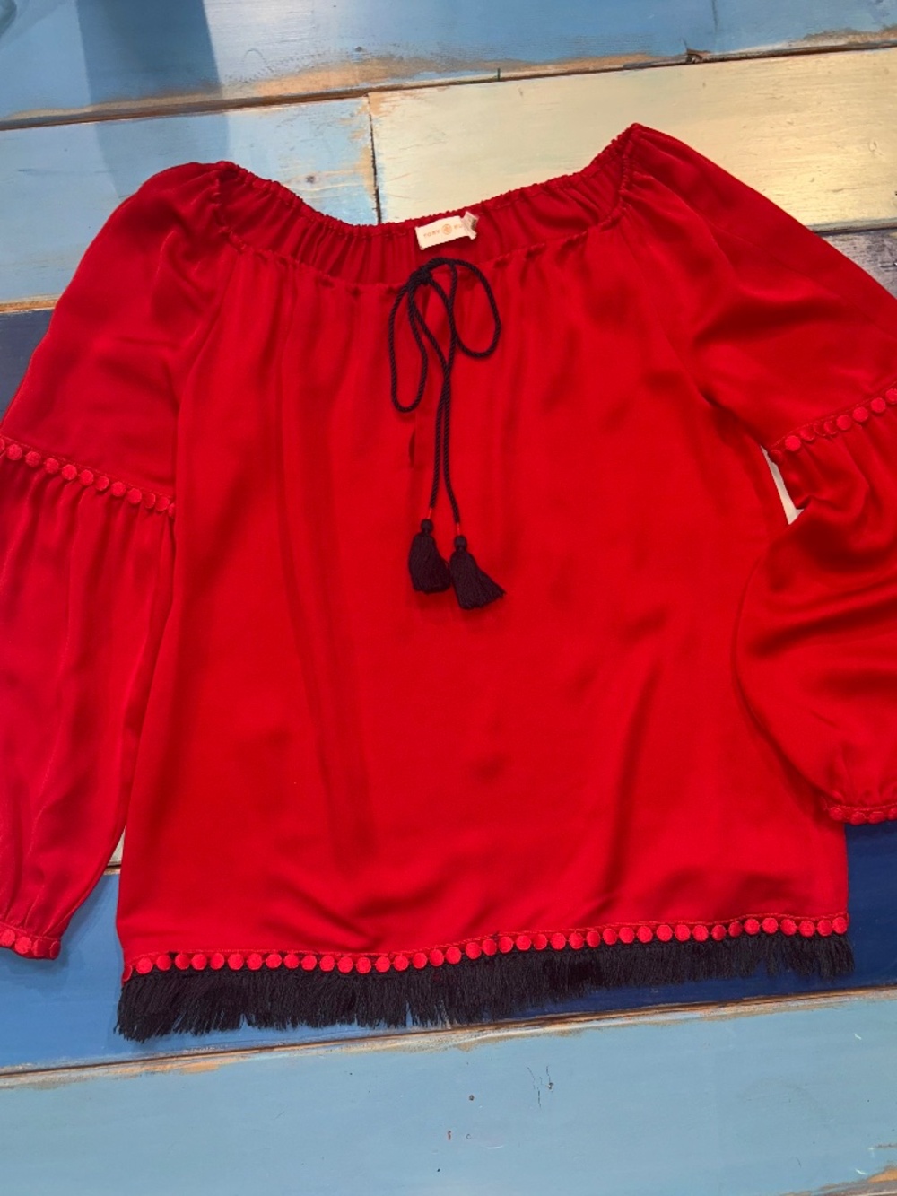 Tory Burch Red Off Shoulder Tassel Fringe Peasant Blouse Size 2